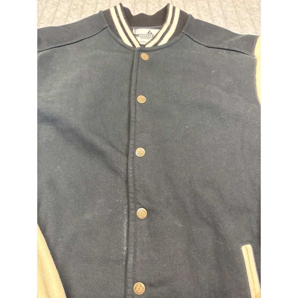 American Giant Mens Varsity Bomber Jacket Black Cream Cotton Made in USA Large